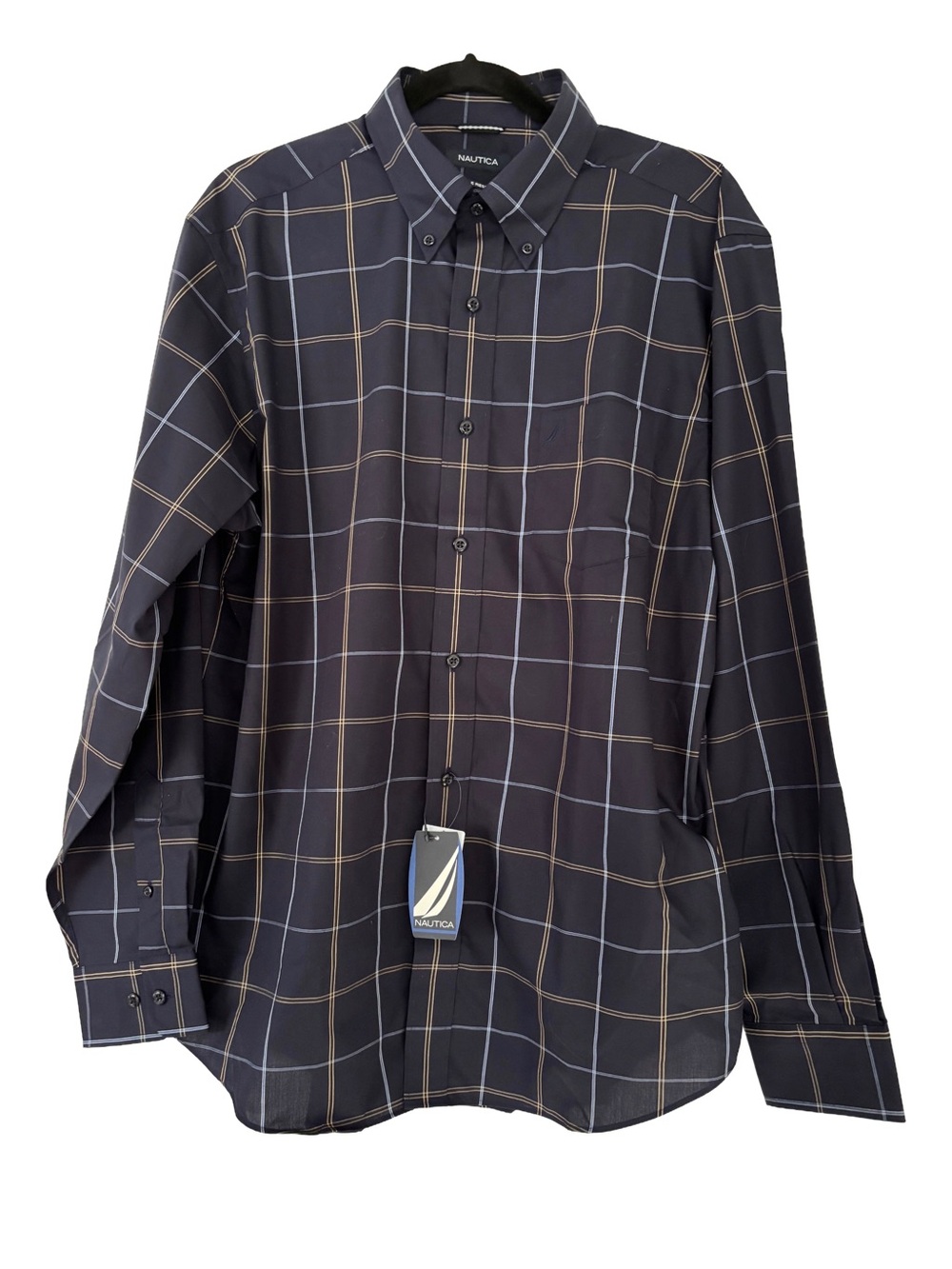 Nautica Men’s Wrinkle Resistant Plaid Dress Shirt Navy Large NWT